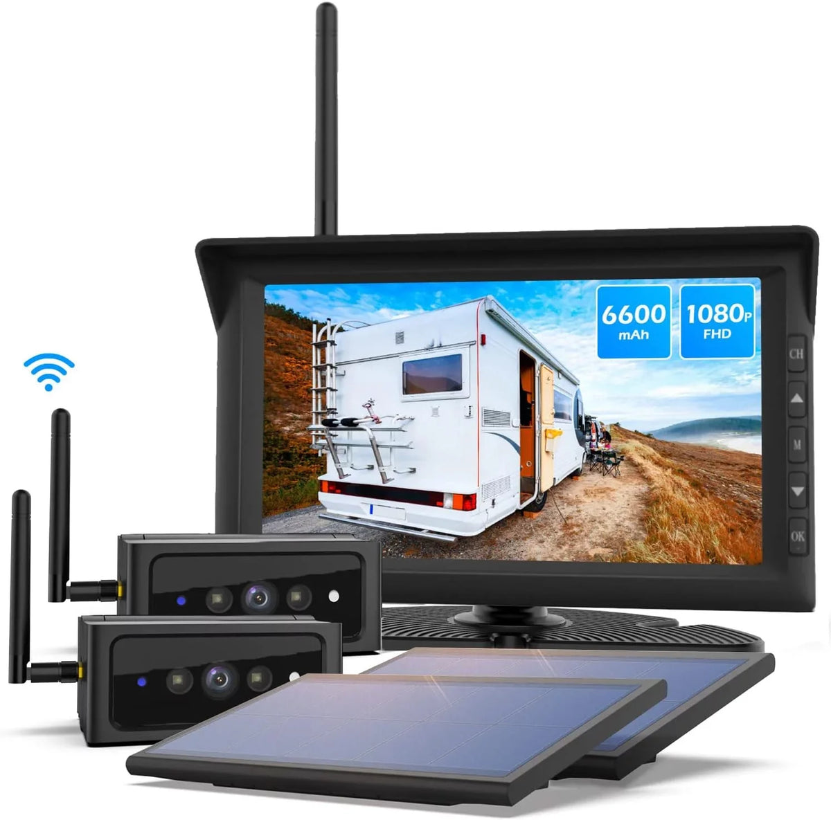 Auto-Vox Solar Wireless RV Backup Camera, 7'' Split-Screen Monitor with Dual Battery-Powered 2 PCS Trailer Rear View Camera and 2 Solar Panel, Campervans Wireless Reverse Cameras Systems