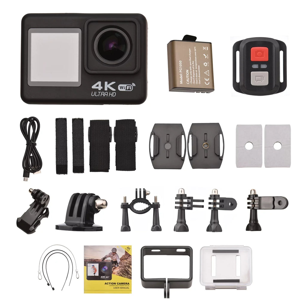 Radirus 4K60FPS Ultra High Definition WiFi Action Camera, Dual Screen, 170° Wide Angle, 30 Meters Waterproof, Sports Camera with Mounting Accessories Kit, Black