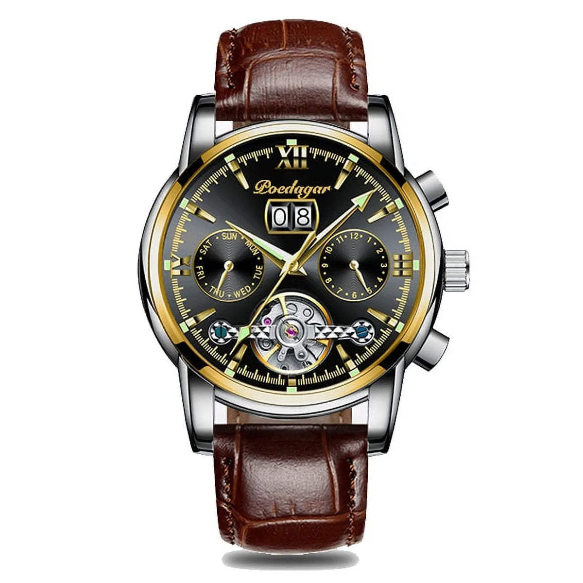 POEDAGAR New Luxury Men Mechanical Wristwatch Genuine Leather Automatic Clock Top Brand Sports Chronograph Men Watches