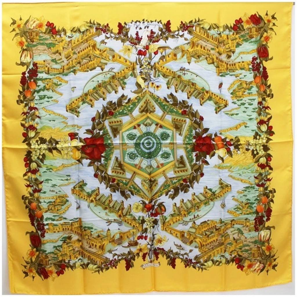 Pre-Owned Hermes Silk Scarf Carre 90 "Au pays de Cocagne" In Paradise Yellow HERMES | For Ladies (Good)