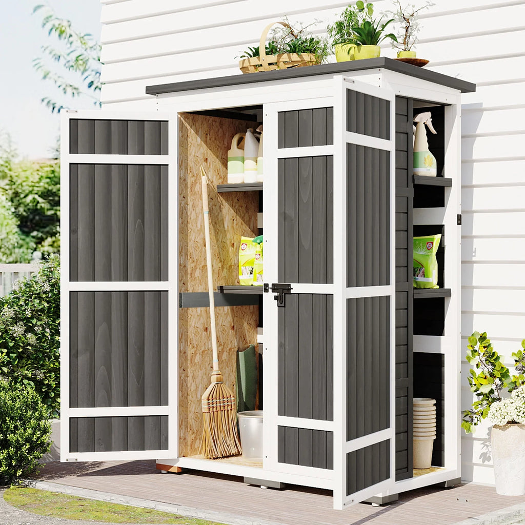 Homiyad Outdoor 5.5ft Hx4.1ft L Wood Storage Shed, Garden Tool Cabinet with Waterproof Asphalt Roof, Four Lockable Doors, Multiple-Tier Shelves, White and Gray