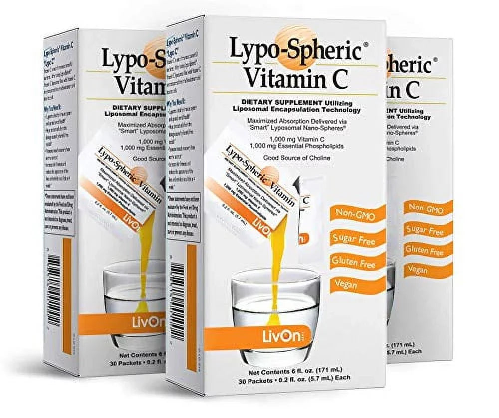 Lypo-Spheric Vitamin C - 3 Cartons (90 Packets) - 1,000 mg Vitamin C & 1,000 mg Essential Phospholipids Per Packet - Liposome Encapsulated for Improved Absorption - 100% Non-GMO