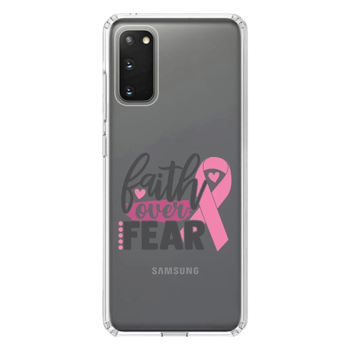 DistinctInk Clear Shockproof Hybrid Case for Galaxy S20 ULTRA / 5G (6.9" Screen) - TPU Bumper Acrylic Back Tempered Glass Screen Protector - Pink Ribbon Cancer - Faith Over Fear