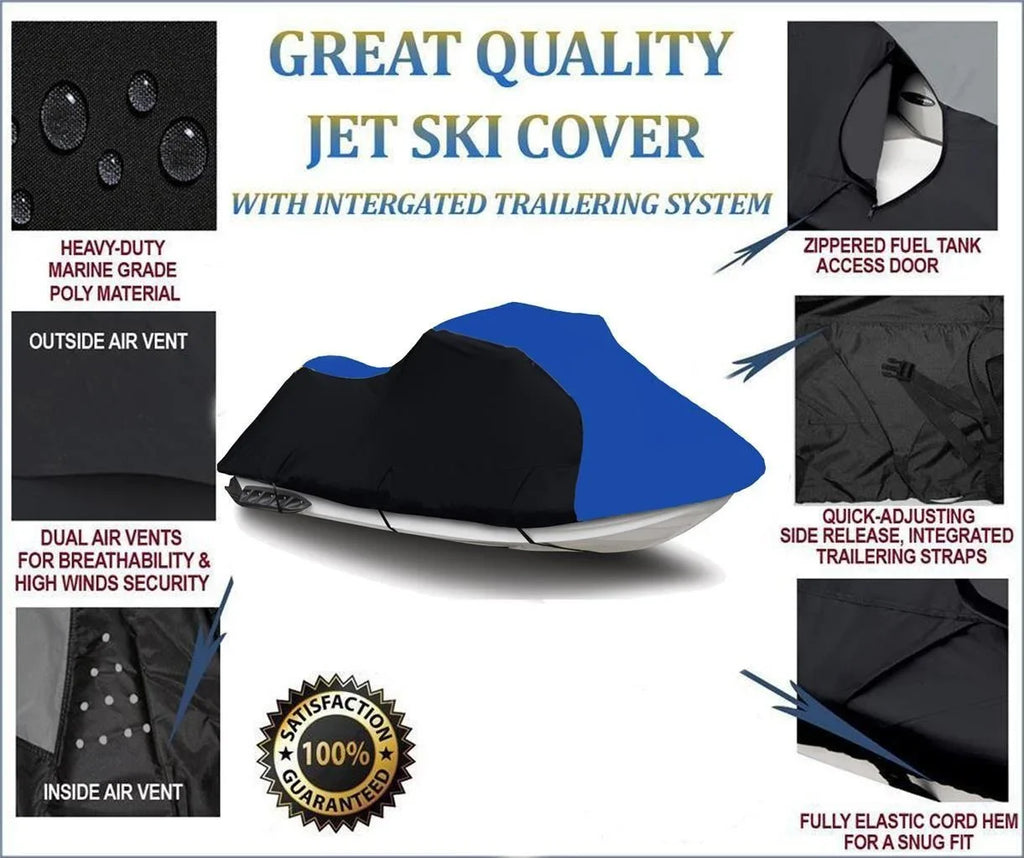 BLACK / BLUE HEAVY-DUTY, 600 DENIER Cover Compatible for Kawasaki Ultra 250X 2007 2008 Jet Ski PWC Watercraft Cover