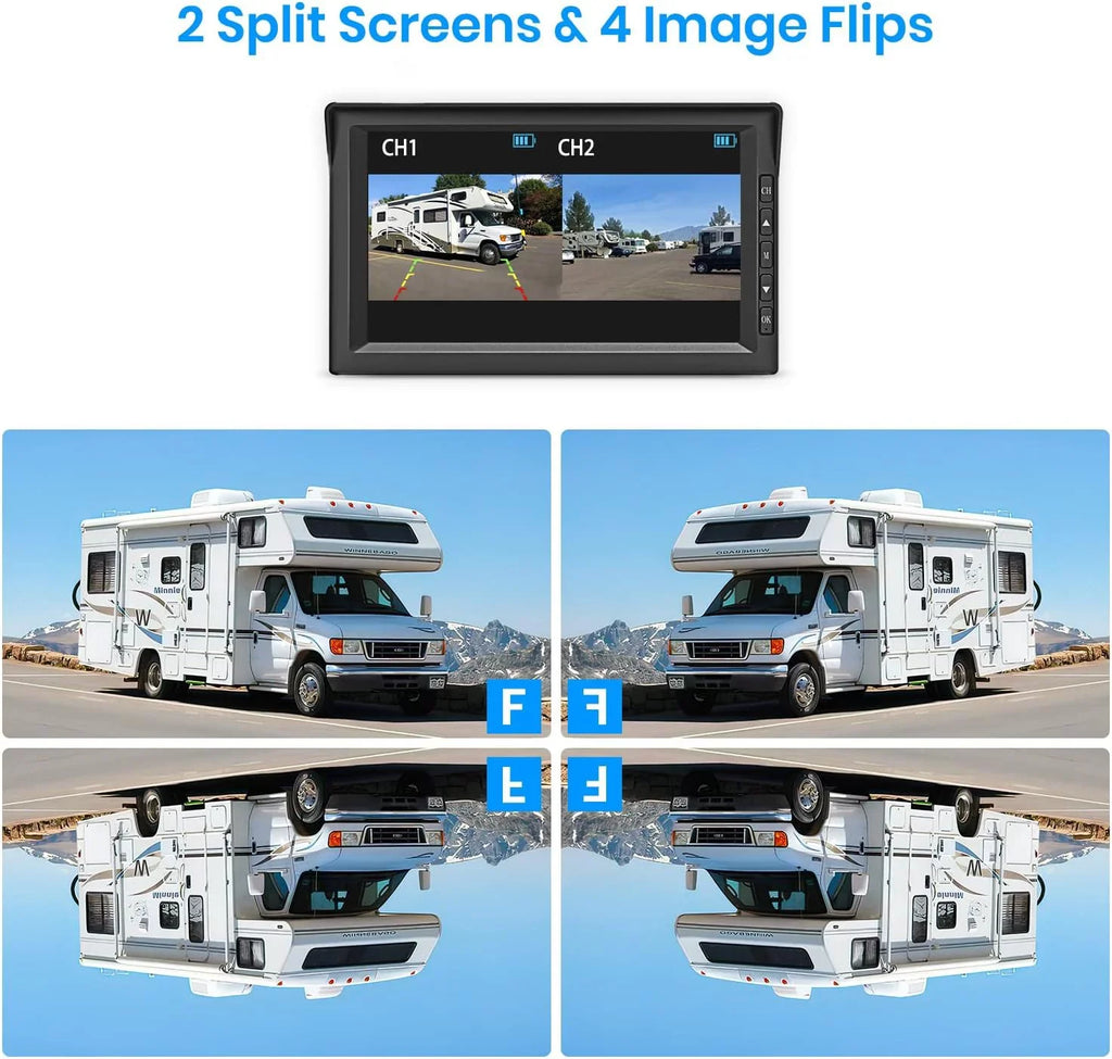 Auto-Vox Solar Wireless RV Backup Camera, 7'' Split-Screen Monitor with Dual Battery-Powered 2 PCS Trailer Rear View Camera and 2 Solar Panel, Campervans Wireless Reverse Cameras Systems